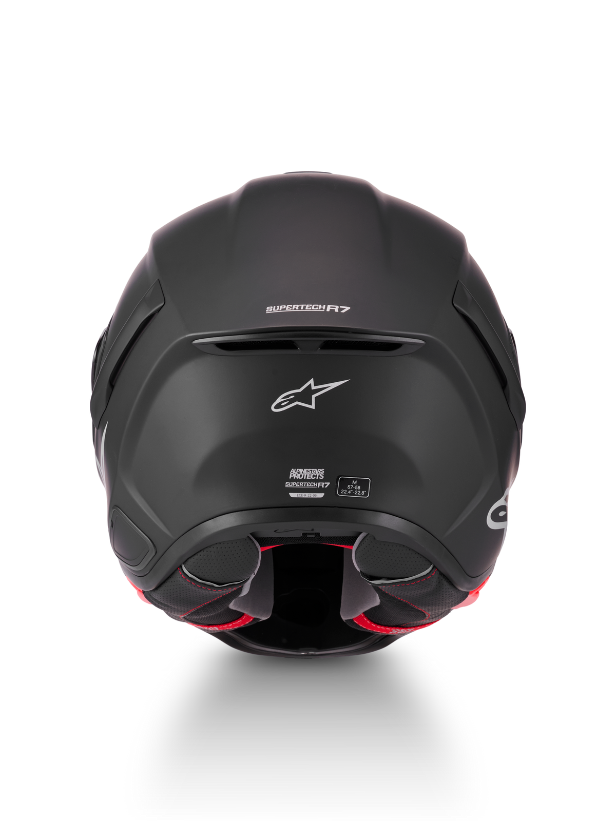 Alpinestars S-R7 Solid Capacete ECE06/DOT, capacete de moto para corrida, preto mate, vista traseira com branding Supertech R7, exaustão de ventilação e etiquetas de certificação ECE