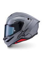 Alpinestars S-R7 Solid Helmet, motorcycle racing and sport helmet in gray glossy with tinted visor, aerodynamic carbon composite shell, ECE 22.06 certified, side profile view showing black A-star logo