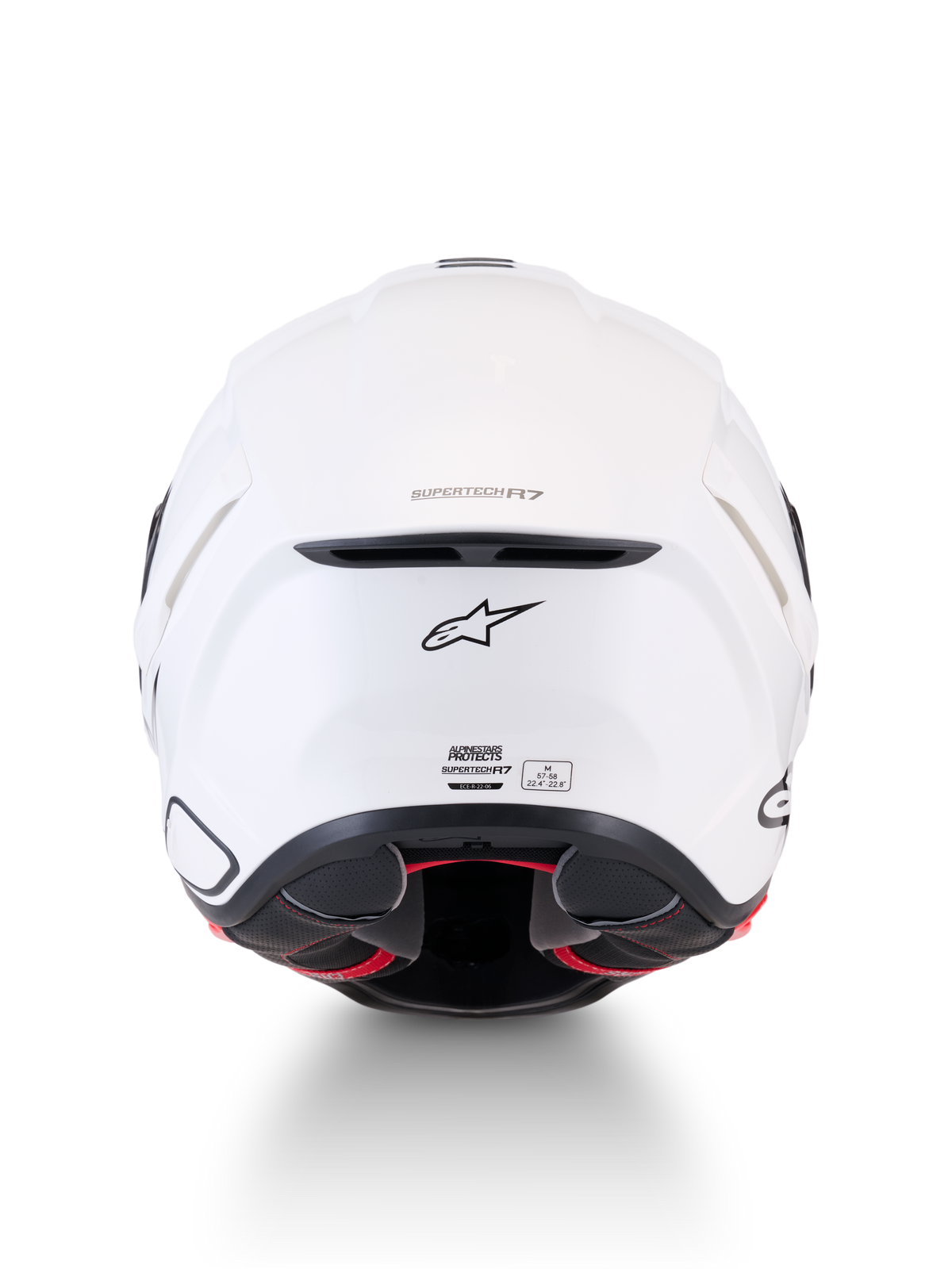 Alpinestars Supertech R7 Solid Capacete ECE 22.06, capacete de moto para estrada, branco brilhante, vista traseira mostrando a construção em compósito de carbono, o exaustor de ventilação, o logótipo A-star e a etiqueta de certificação ECE 22.06