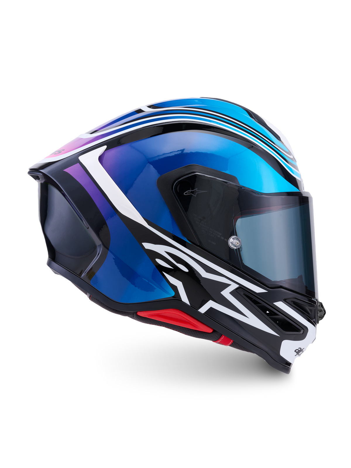 Alpinestars Capacete S-R7 Zeal, capacete integral de moto para corrida, preto, azul, rosa flúor e branco, construção em compósito de carbono, certificado ECE 22.06, vista de perfil lateral mostrando a calota aerodinâmica e a viseira