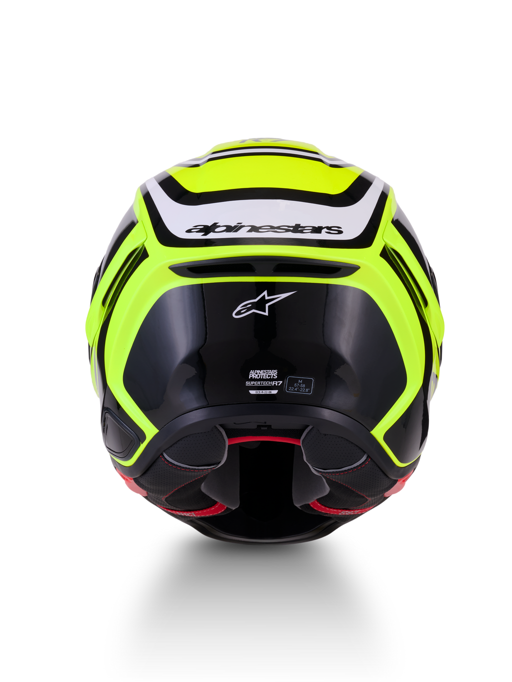 Alpinestars S-R7 Zeal, capacete de moto integral para corrida, amarelo fluo, preto e branco, vista traseira mostrando a construção em compósito de carbono e a marca Alpinestars, certificado ECE 22.06