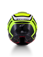 Alpinestars S-R7 Zeal, capacete de moto integral para corrida, amarelo fluo, preto e branco, vista traseira mostrando a construção em compósito de carbono e a marca Alpinestars, certificado ECE 22.06
