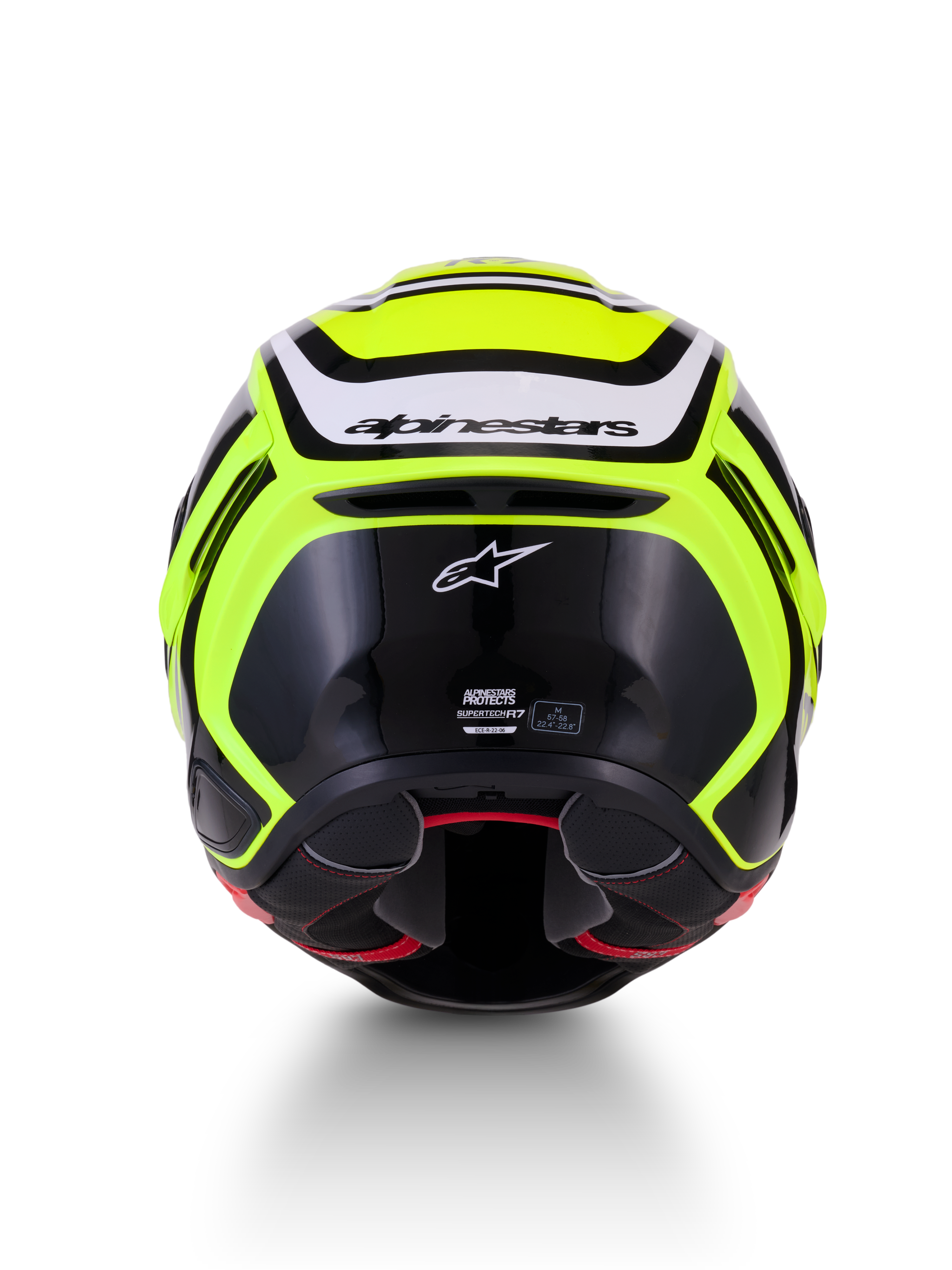 Alpinestars S-R7 Zeal, capacete de moto integral para corrida, amarelo fluo, preto e branco, vista traseira mostrando a construção em compósito de carbono e a marca Alpinestars, certificado ECE 22.06