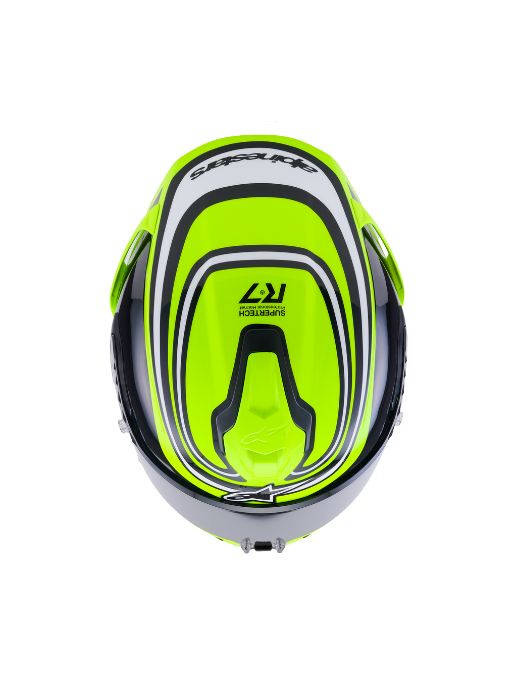 Alpinestars S-R7 Zeal Capacete ECE06, capacete integral de moto para estrada em amarelo flúor, preto e branco brilhante, vista superior com design aerodinâmico e detalhes de branding
