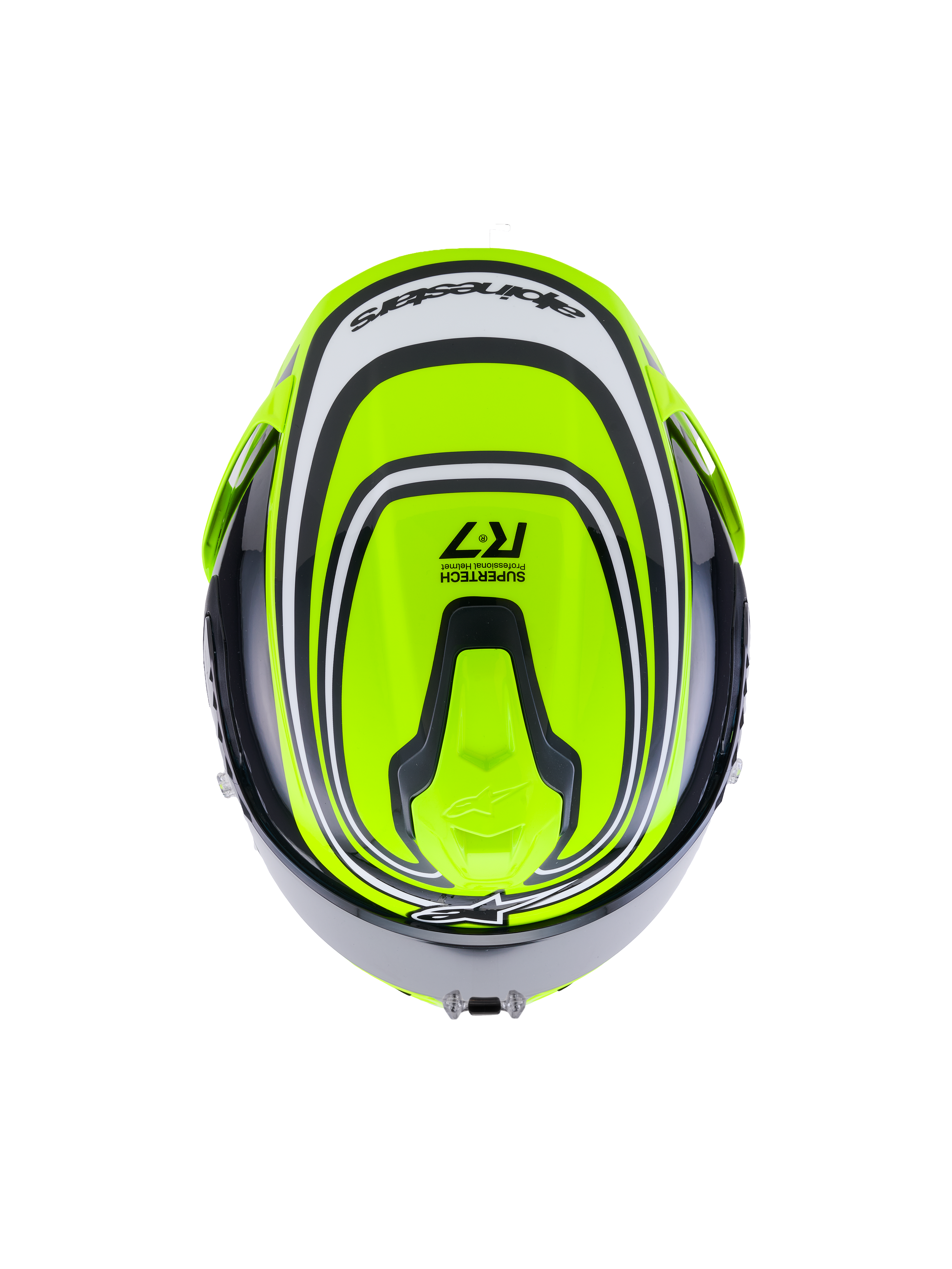 Alpinestars S-R7 Zeal Capacete ECE06, capacete integral de moto para estrada em amarelo flúor, preto e branco brilhante, vista superior com design aerodinâmico e detalhes de branding