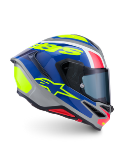 Alpinestars S-R7 Lumen, capacete de moto integral para corrida, prateado, azul, rosa e amarelo brilhante, construção em compósito de carbono com certificação ECE 22.06