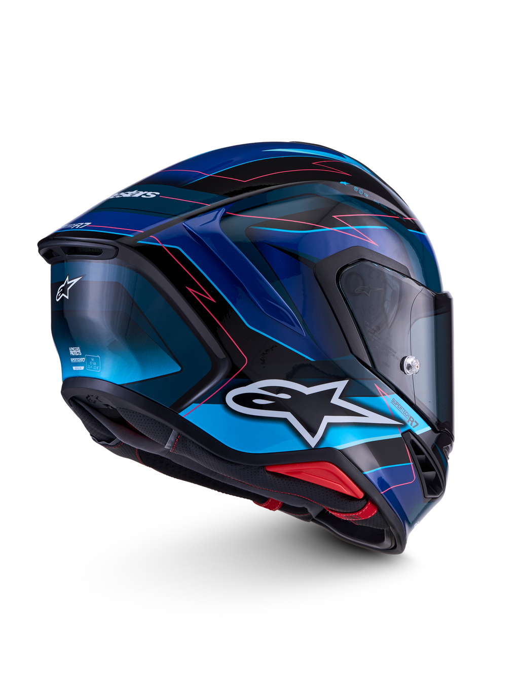 Alpinestars S-R7 Kinetis, capacete de moto para corrida, preto, azul e rosa com detalhes brancos, construção em compósito de carbono, acabamento brilhante, certificado ECE 22.06