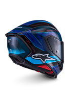 Alpinestars S-R7 Kinetis, capacete de moto para corrida, preto, azul e rosa com detalhes brancos, construção em compósito de carbono, acabamento brilhante, certificado ECE 22.06