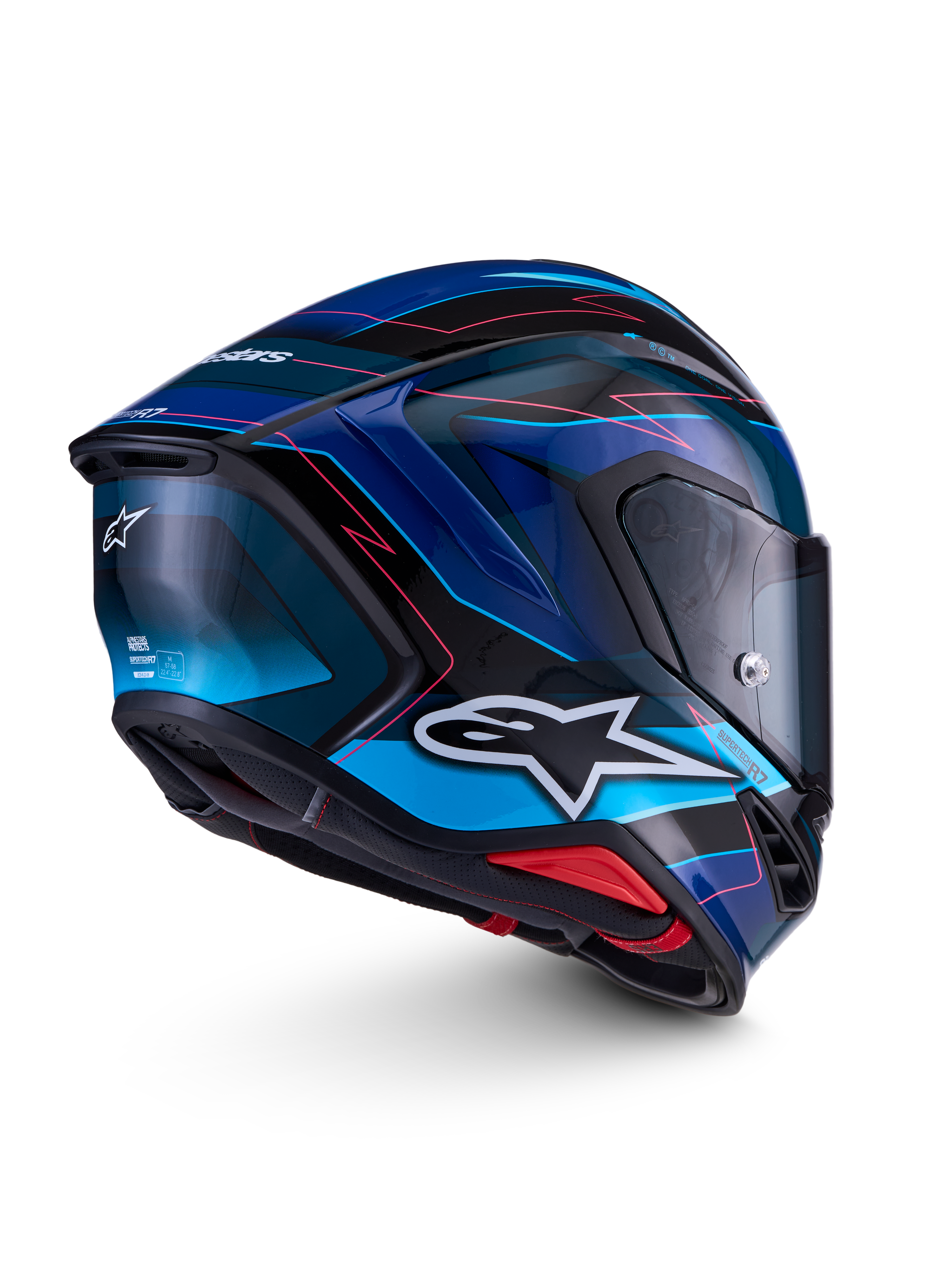 Alpinestars S-R7 Kinetis, capacete de moto para corrida, preto, azul e rosa com detalhes brancos, construção em compósito de carbono, acabamento brilhante, certificado ECE 22.06