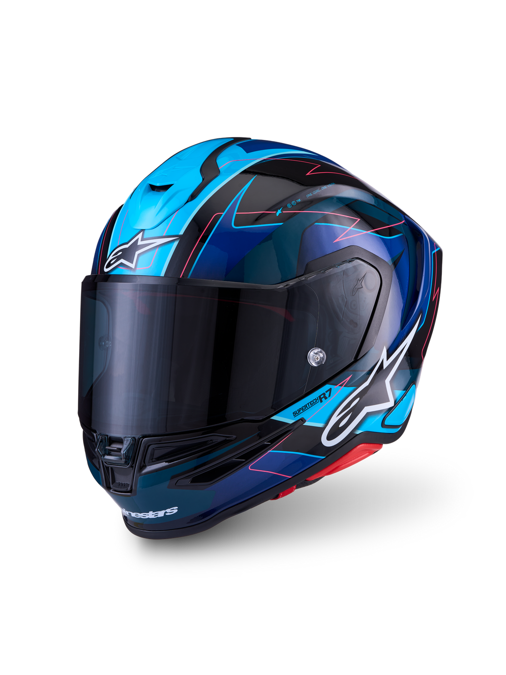 Alpinestars S-R7 Kinetis Capacete, capacete de moto para corrida, preto, azul, rosa fluo e branco brilhante, construção em compósito de carbono