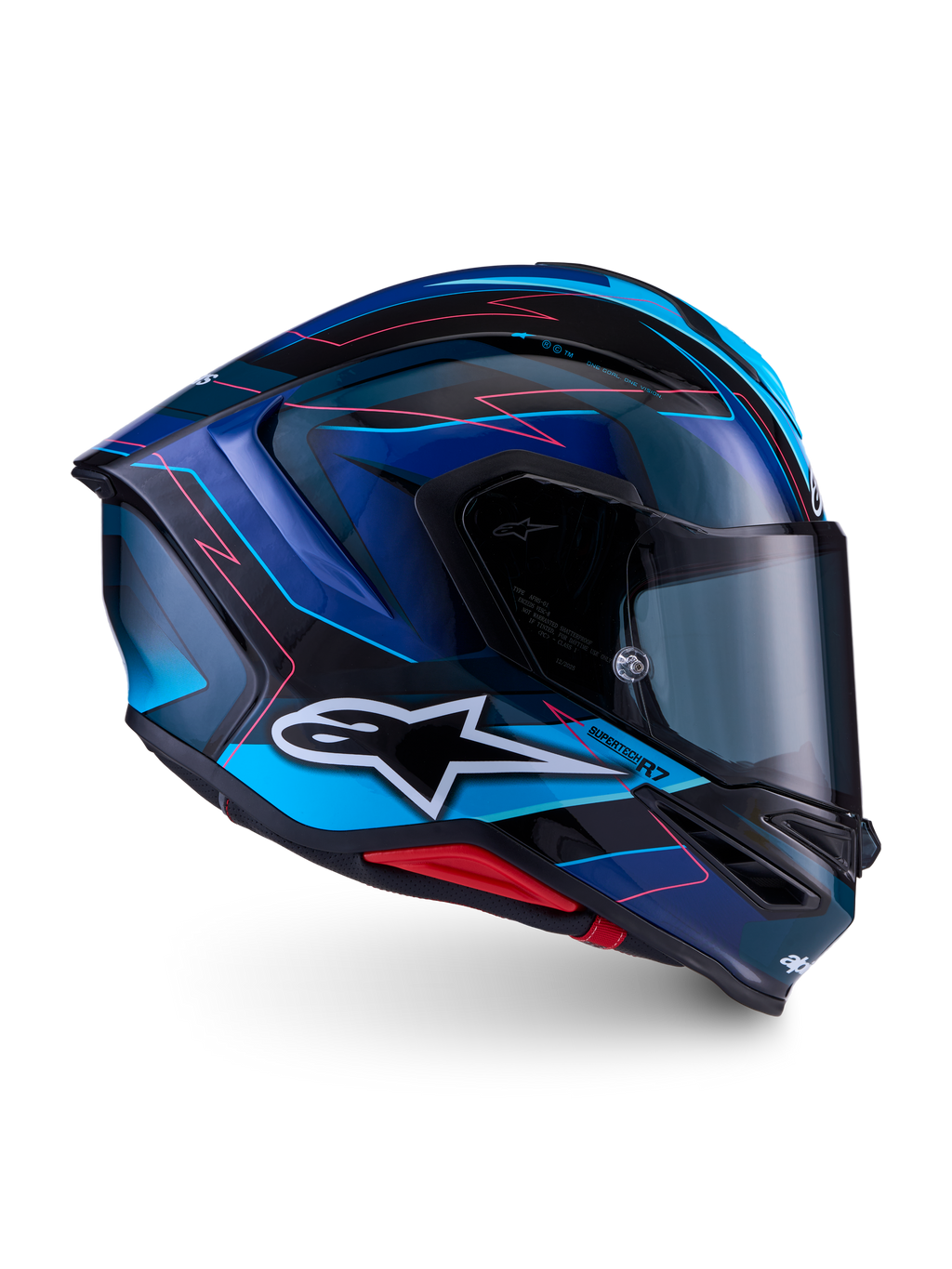 Alpinestars S-R7 Kinetis, capacete integral de moto racing, acabamento brilhante em preto, azul, rosa e branco, construção em compósito de carbono, certificado ECE 22.06