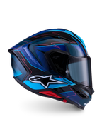 Alpinestars S-R7 Kinetis, capacete integral de moto racing, acabamento brilhante em preto, azul, rosa e branco, construção em compósito de carbono, certificado ECE 22.06