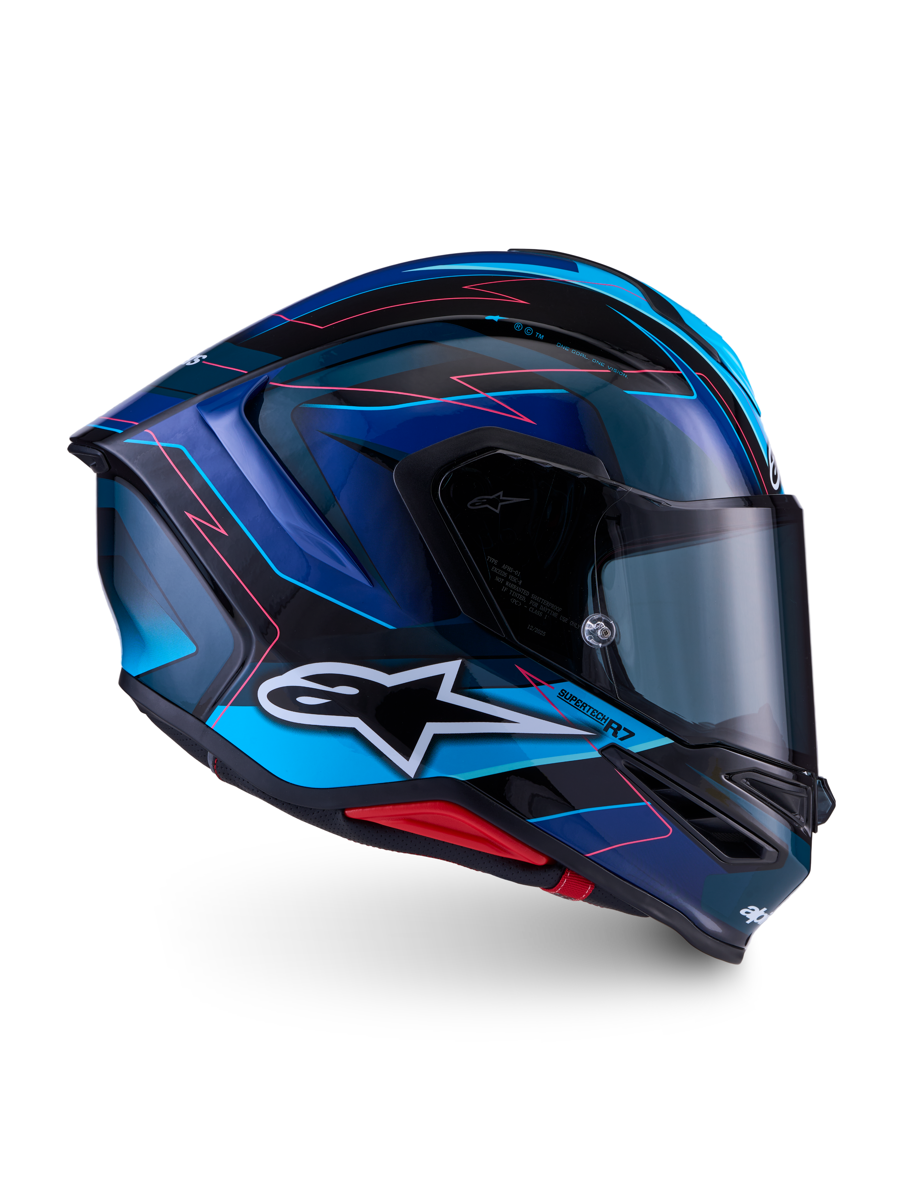 Alpinestars S-R7 Kinetis, capacete integral de moto racing, acabamento brilhante em preto, azul, rosa e branco, construção em compósito de carbono, certificado ECE 22.06