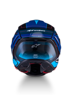 Alpinestars S-R7 Kinetis ECE 22.06, capacete de moto para estrada, vista frontal em preto, azul, rosa fluo e branco brilhante com construção em carbono e design aerodinâmico