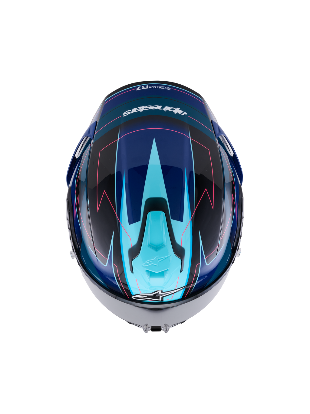 Alpinestars S-R7 Kinetis Capacete integral de moto, preto, azul, rosa fluo e branco brilhante, vista superior com design aerodinâmico e detalhes gráficos, construção em compósito de carbono com certificação ECE 22.06