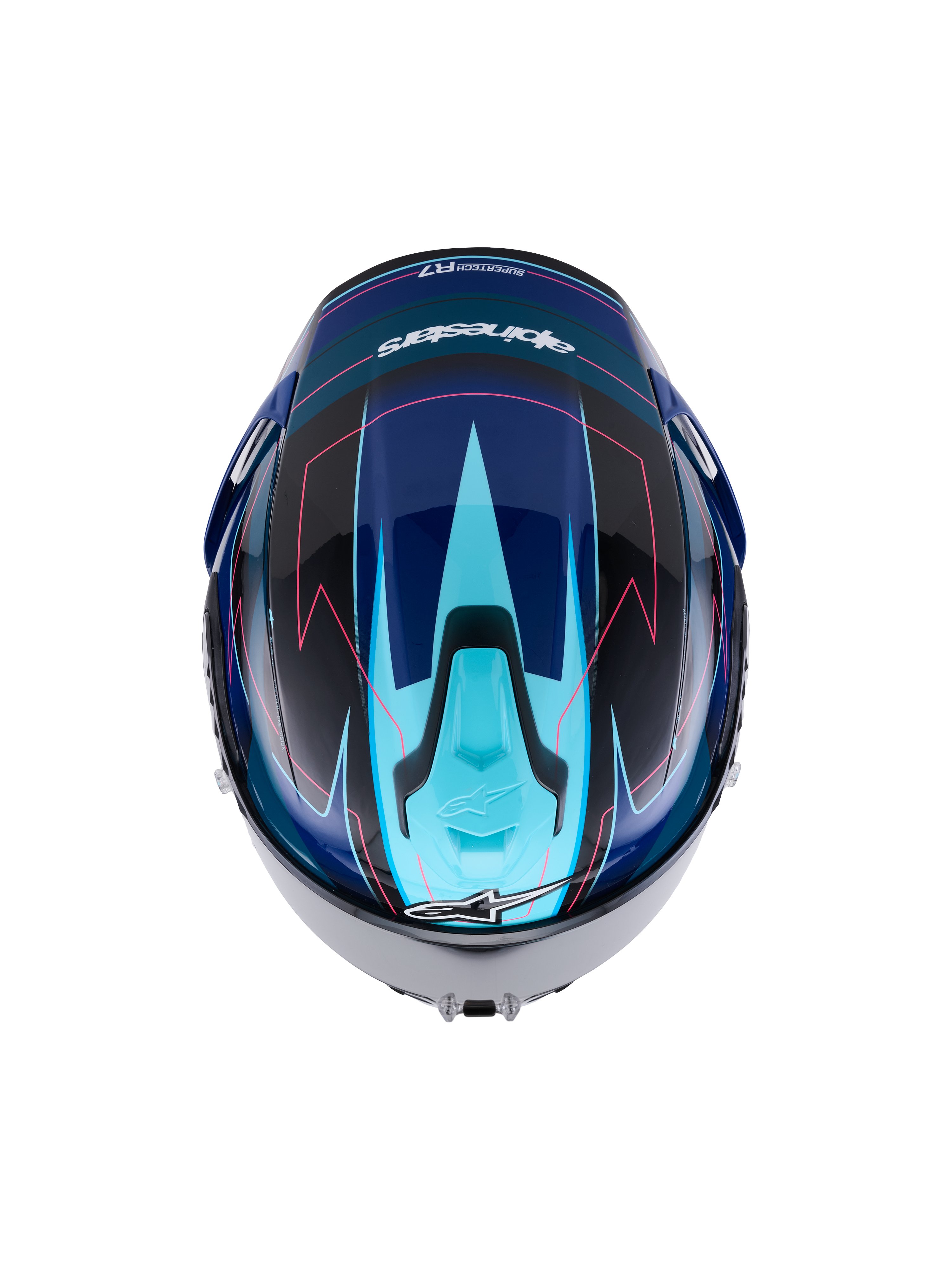 Alpinestars S-R7 Kinetis Capacete integral de moto, preto, azul, rosa fluo e branco brilhante, vista superior com design aerodinâmico e detalhes gráficos, construção em compósito de carbono com certificação ECE 22.06