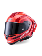 Capacete Alpinestars Supertech R10 Arius, capacete de corrida integral, vermelho e laranja brilhante, com logótipos Alpinestars brancos, viseira escura, design aerodinâmico em composto de carbono com sistema de refrigeração multi-ventilação