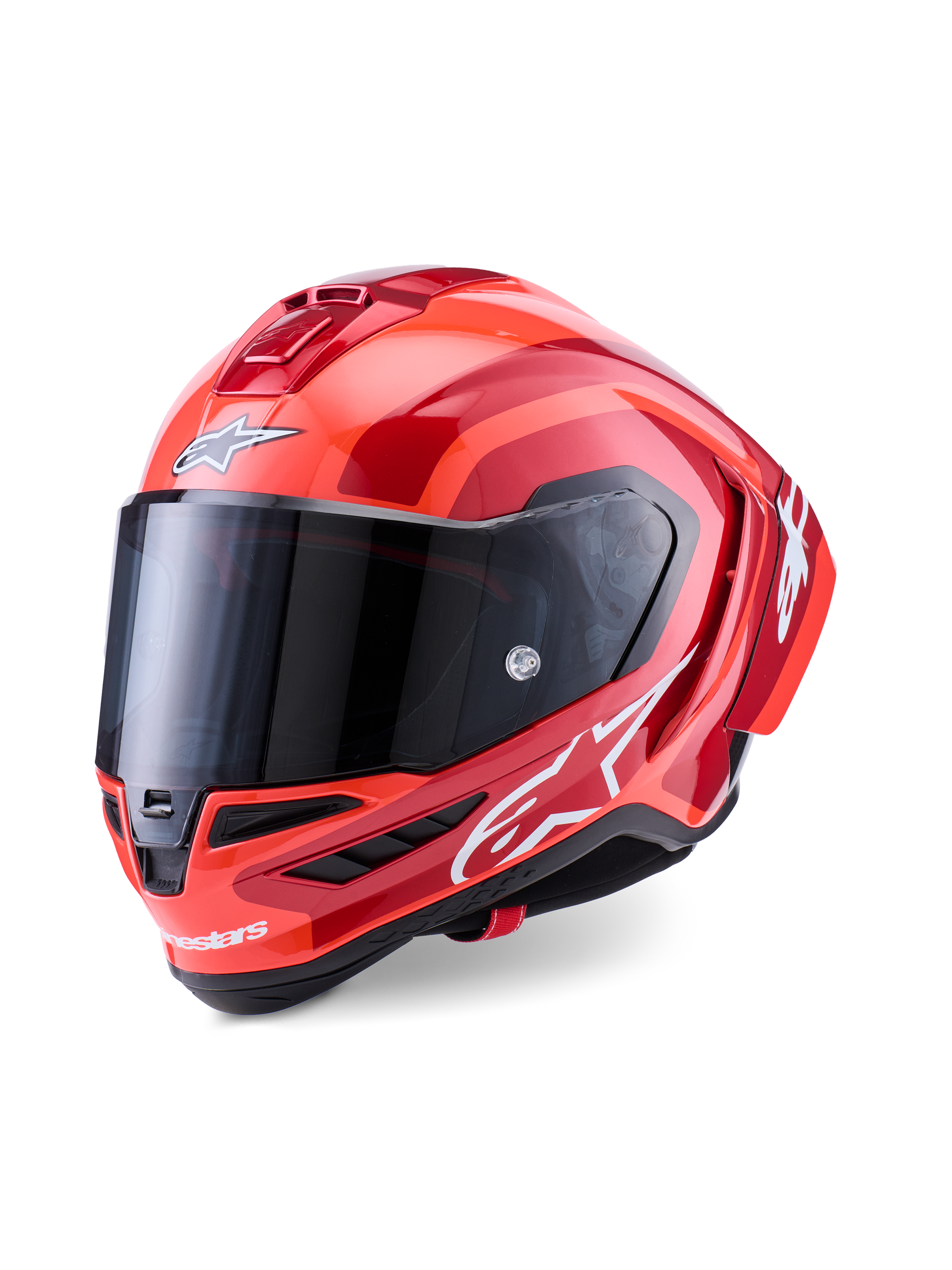 Capacete Alpinestars Supertech R10 Arius, capacete de corrida integral, vermelho e laranja brilhante, com logótipos Alpinestars brancos, viseira escura, design aerodinâmico em composto de carbono com sistema de refrigeração multi-ventilação