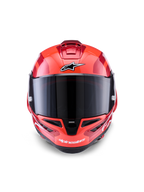 Capacete Alpinestars Supertech R10 Arius, capacete integral de corrida, vermelho com detalhes em branco e preto, vista frontal com viseira fumada escura, com a marca Alpinestars na testa e no queixo, acabamento brilhante com aberturas de ventilação aerodinâmicas