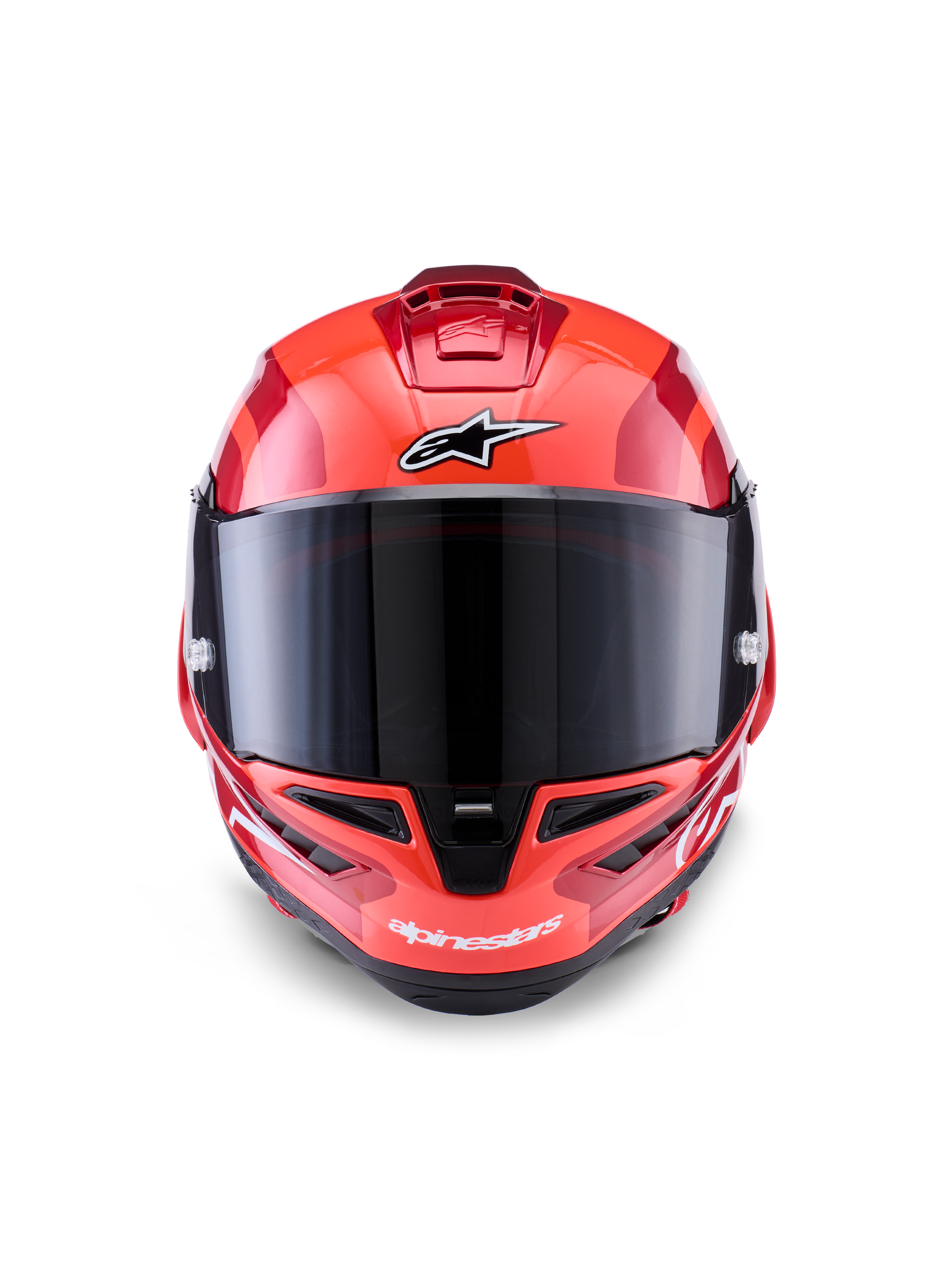 Capacete Alpinestars Supertech R10 Arius, capacete integral de corrida, vermelho com detalhes em branco e preto, vista frontal com viseira fumada escura, com a marca Alpinestars na testa e no queixo, acabamento brilhante com aberturas de ventilação aerodinâmicas