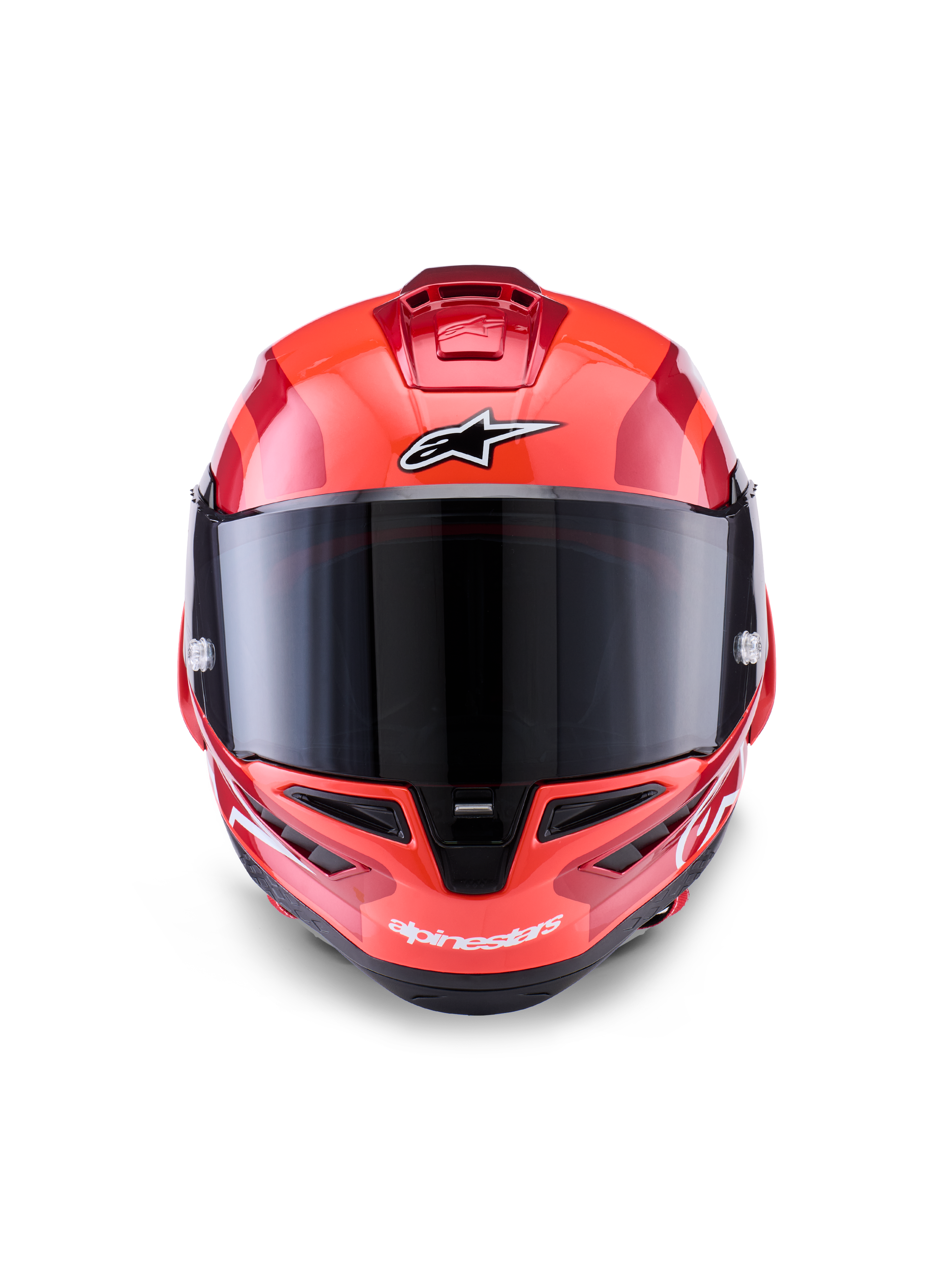 Capacete Alpinestars Supertech R10 Arius, capacete integral de corrida, vermelho com detalhes em branco e preto, vista frontal com viseira fumada escura, com a marca Alpinestars na testa e no queixo, acabamento brilhante com aberturas de ventilação aerodinâmicas