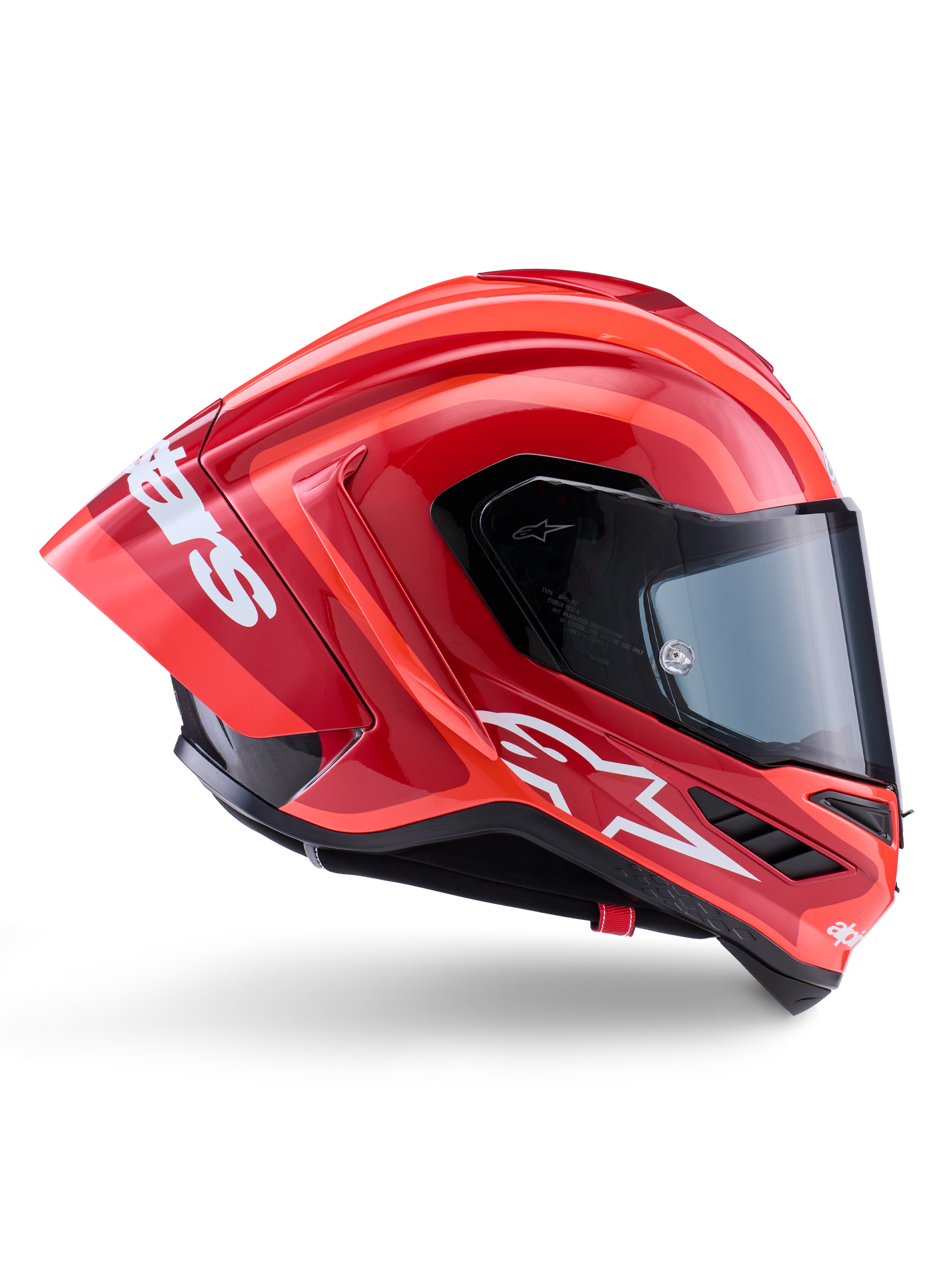 Capacete Alpinestars Supertech R10 Arius, capacete de corrida integral, vermelho e laranja brilhante, vista de perfil lateral com um spoiler traseiro aerodinâmico, logótipo Astars branco na queixeira e viseira transparente, concebido para desempenho de alta velocidade em pista