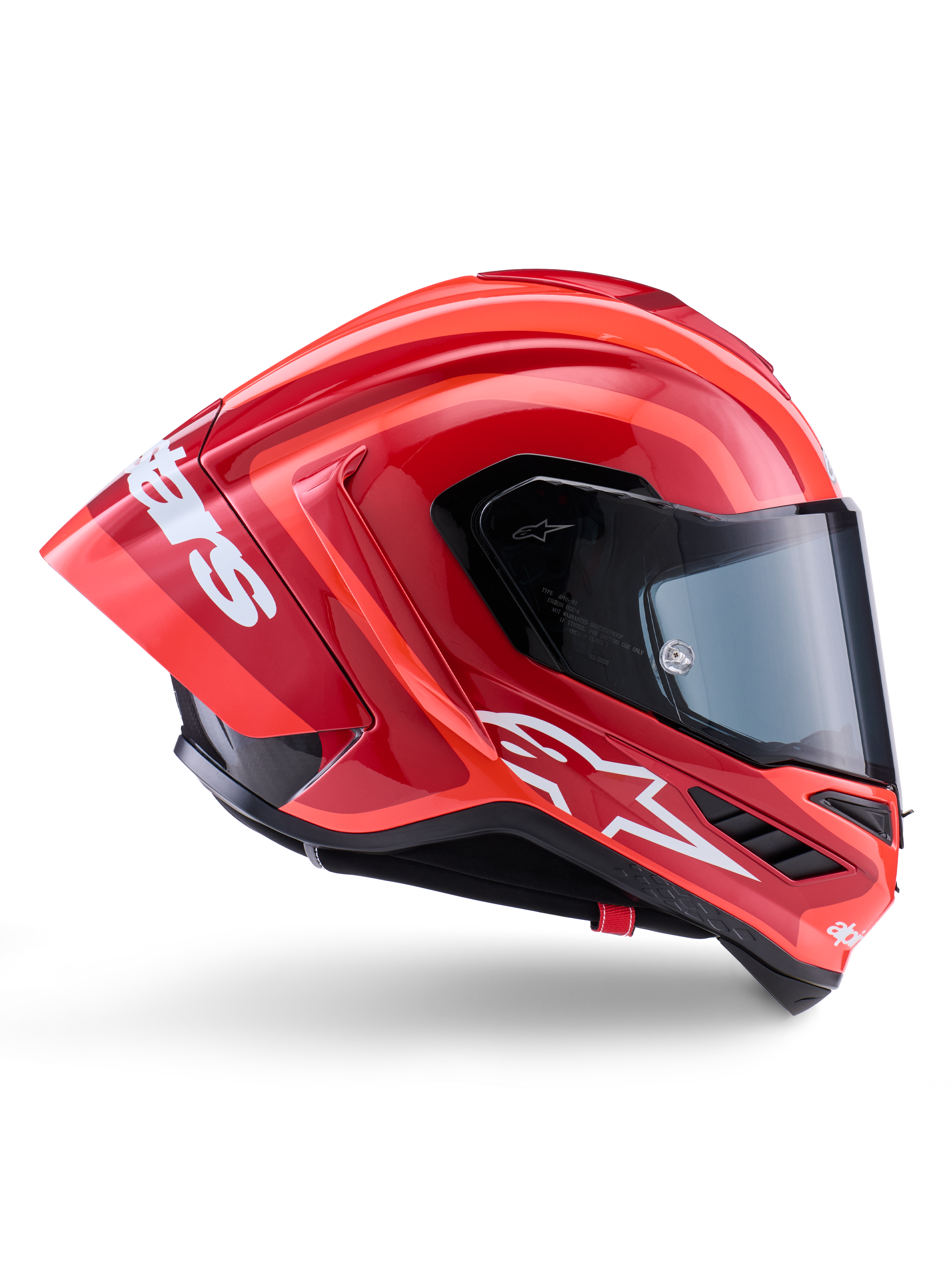 Capacete Alpinestars Supertech R10 Arius, capacete de corrida integral, vermelho e laranja brilhante, vista de perfil lateral com um spoiler traseiro aerodinâmico, logótipo Astars branco na queixeira e viseira transparente, concebido para desempenho de alta velocidade em pista