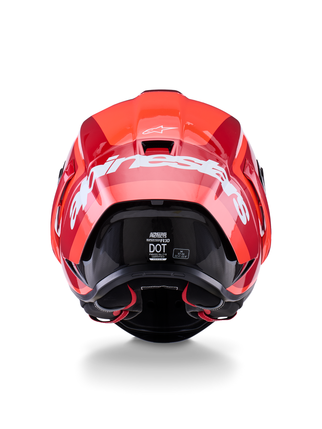 Alpinestars Supertech R10 Arius Helmet, vista traseira, design em vermelho brilhante e vermelho escuro, logótipo Alpinestars grande em branco na parte de trás, etiquetas de certificação DOT e ECE visíveis, capacete de competição aerodinâmico de alta performance