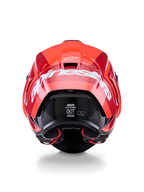 Alpinestars Supertech R10 Arius Helmet, vista traseira, design em vermelho brilhante e vermelho escuro, logótipo Alpinestars grande em branco na parte de trás, etiquetas de certificação DOT e ECE visíveis, capacete de competição aerodinâmico de alta performance