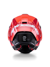 Alpinestars Supertech R10 Arius Helmet, vista traseira, design em vermelho brilhante e vermelho escuro, logótipo Alpinestars grande em branco na parte de trás, etiquetas de certificação DOT e ECE visíveis, capacete de competição aerodinâmico de alta performance