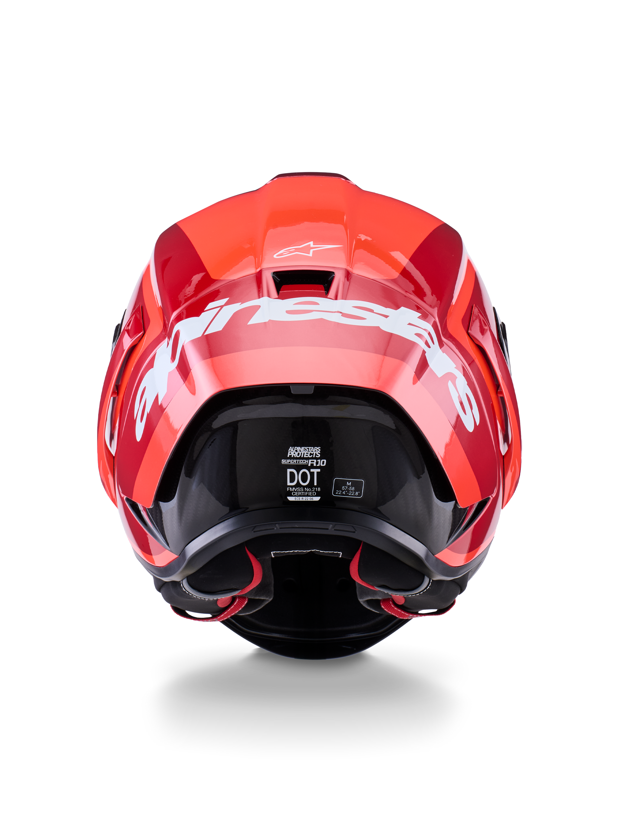 Alpinestars Supertech R10 Arius Helmet, vista traseira, design em vermelho brilhante e vermelho escuro, logótipo Alpinestars grande em branco na parte de trás, etiquetas de certificação DOT e ECE visíveis, capacete de competição aerodinâmico de alta performance