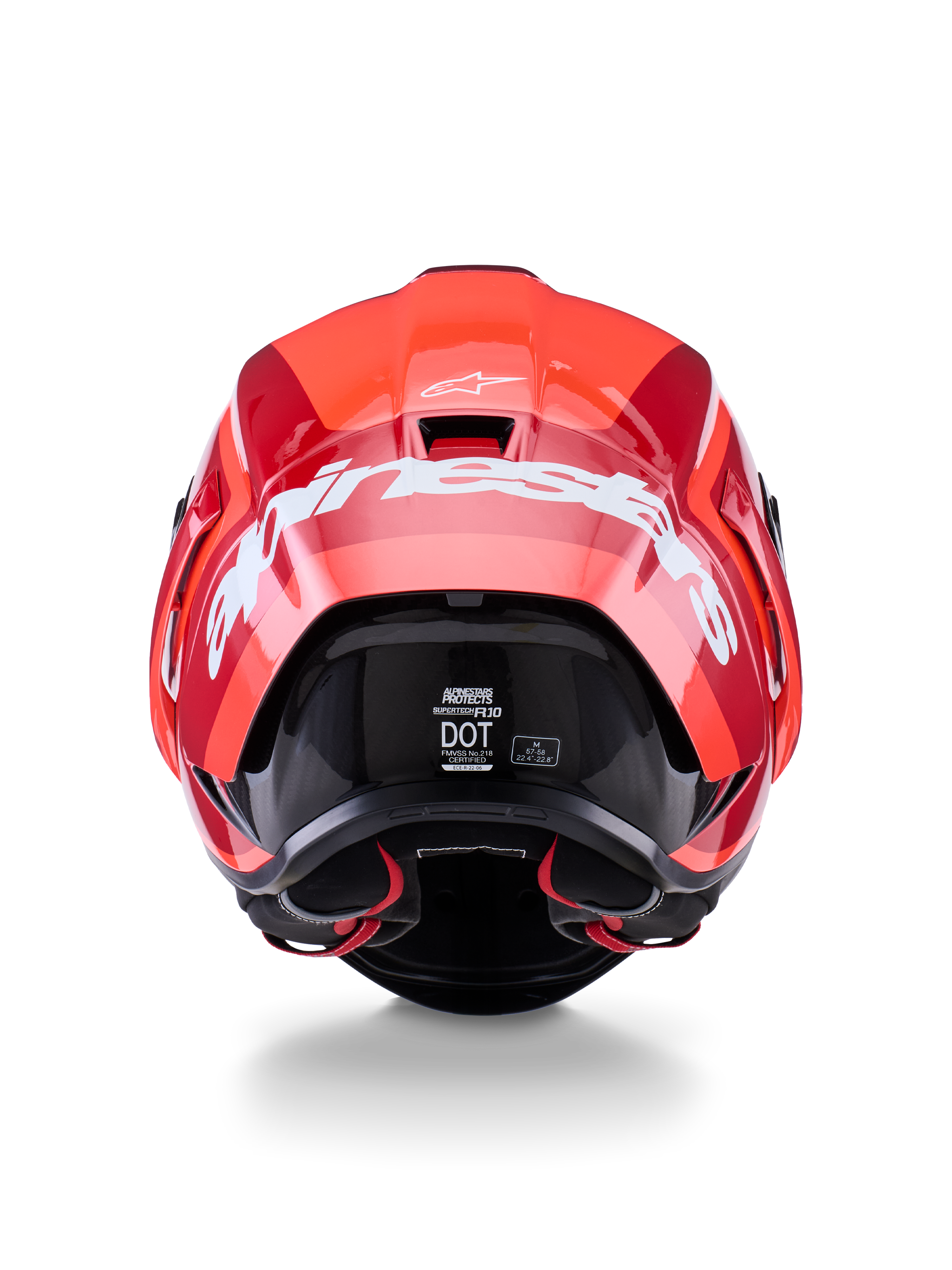 Alpinestars Supertech R10 Arius Helmet, vista traseira, design em vermelho brilhante e vermelho escuro, logótipo Alpinestars grande em branco na parte de trás, etiquetas de certificação DOT e ECE visíveis, capacete de competição aerodinâmico de alta performance