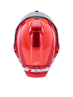 Capacete Alpinestars Supertech R10 Arius, capacete integral de corrida, vermelho brilhante com pormenores brancos, vista superior mostrando os contornos aerodinâmicos do casco, logótipo Alpinestars branco e ventilação superior integrada