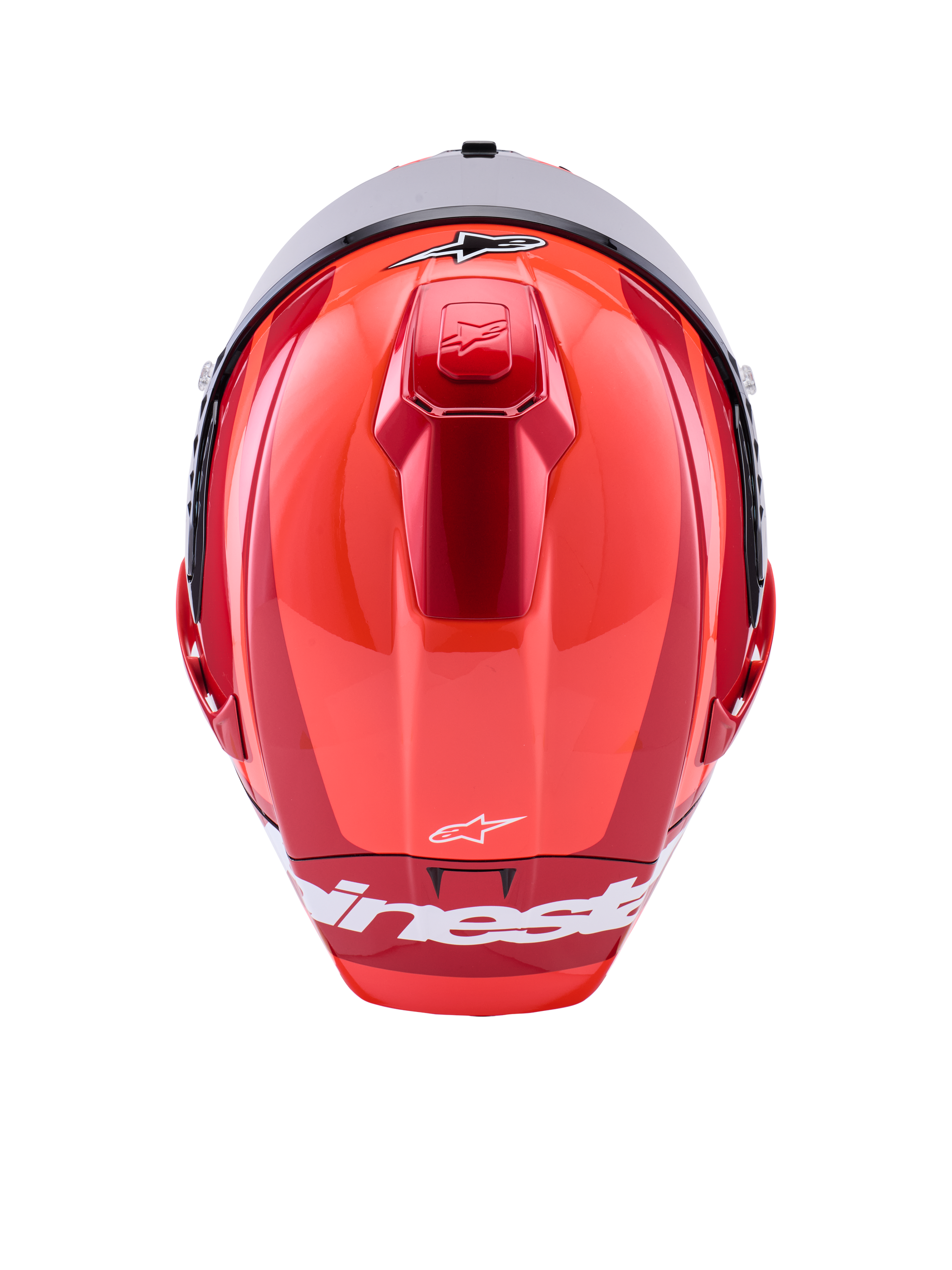Capacete Alpinestars Supertech R10 Arius, capacete integral de corrida, vermelho brilhante com pormenores brancos, vista superior mostrando os contornos aerodinâmicos do casco, logótipo Alpinestars branco e ventilação superior integrada