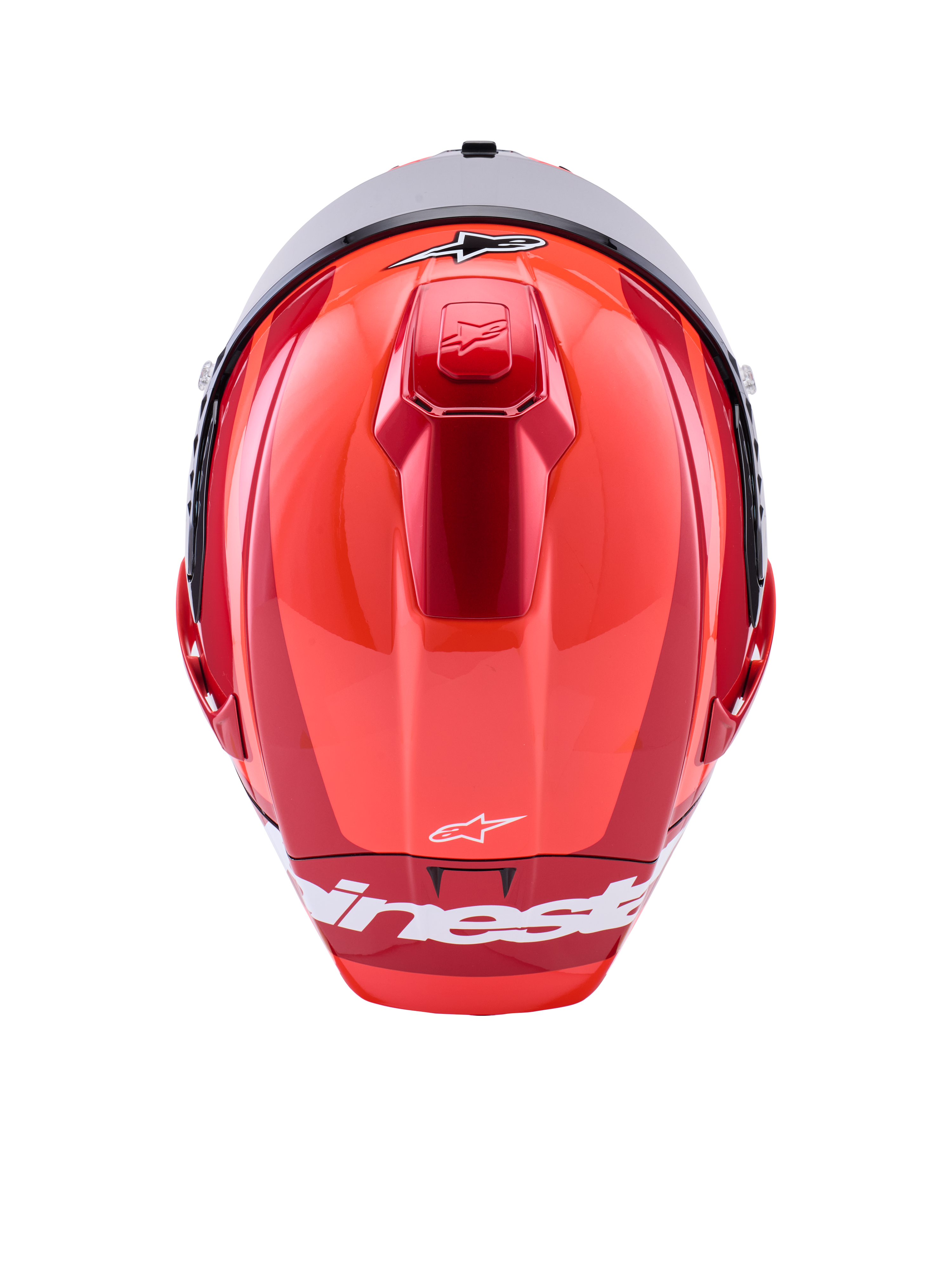 Capacete Alpinestars Supertech R10 Arius, capacete integral de corrida, vermelho brilhante com pormenores brancos, vista superior mostrando os contornos aerodinâmicos do casco, logótipo Alpinestars branco e ventilação superior integrada