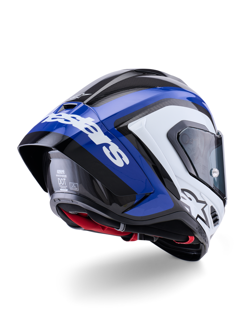 Capacete Alpinestars Supertech R10 Arius, capacete integral de corrida, preto, branco e azul brilhante, vista traseira de três quartos mostrando o spoiler aerodinâmico, textura de fibra de carbono visível e logótipo Alpinestars em branco