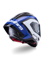 Capacete Alpinestars Supertech R10 Arius, capacete integral de corrida, preto, branco e azul brilhante, vista traseira de três quartos mostrando o spoiler aerodinâmico, textura de fibra de carbono visível e logótipo Alpinestars em branco