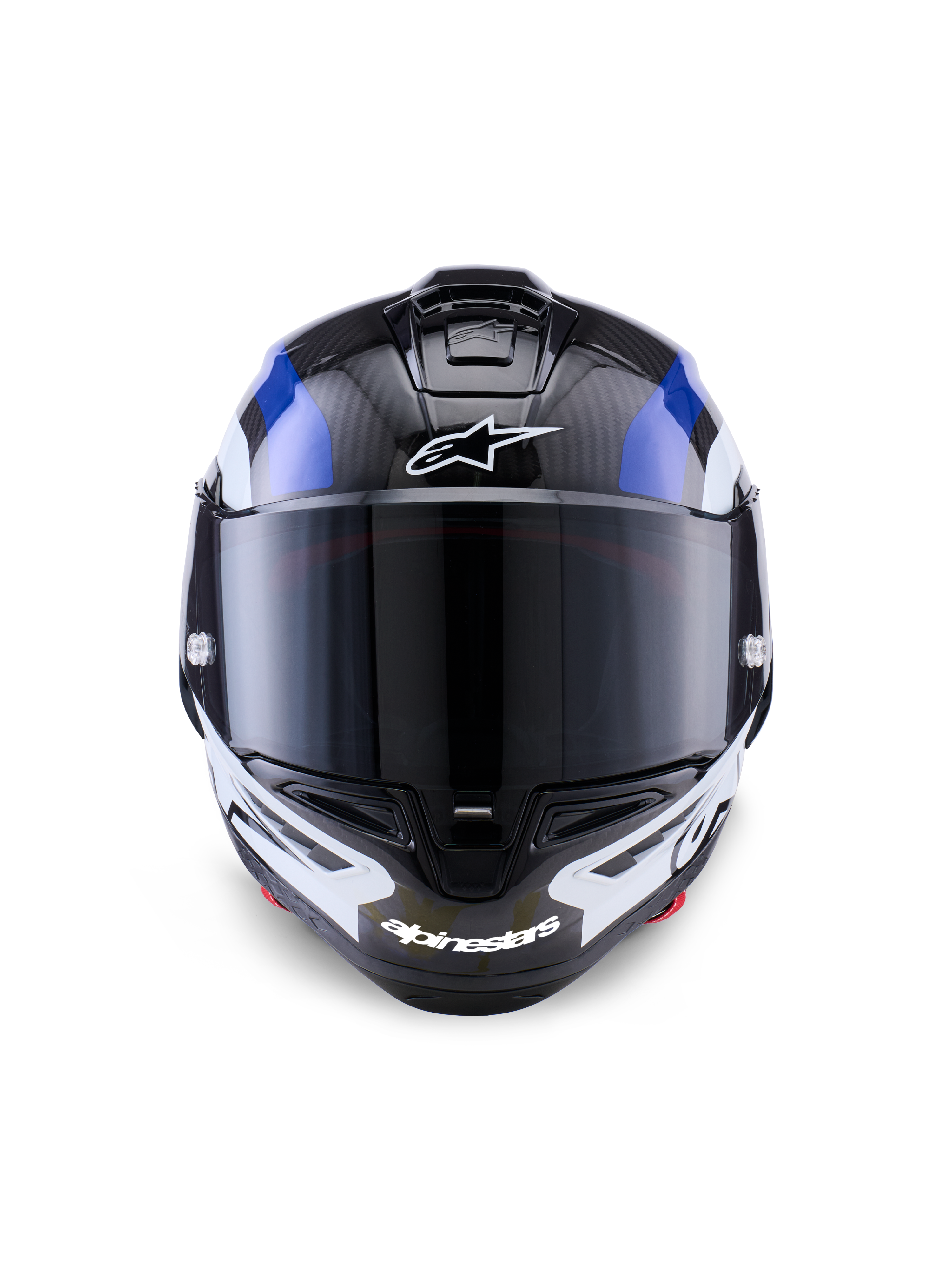 Capacete Alpinestars Supertech R10 Arius, capacete de corrida integral, preto, branco e azul brilhante, vista frontal com viseira fumada escura, textura de fibra de carbono visível no topo do casco, logótipo Alpinestars branco na testa e no queixo, design aerodinâmico para competição profissional