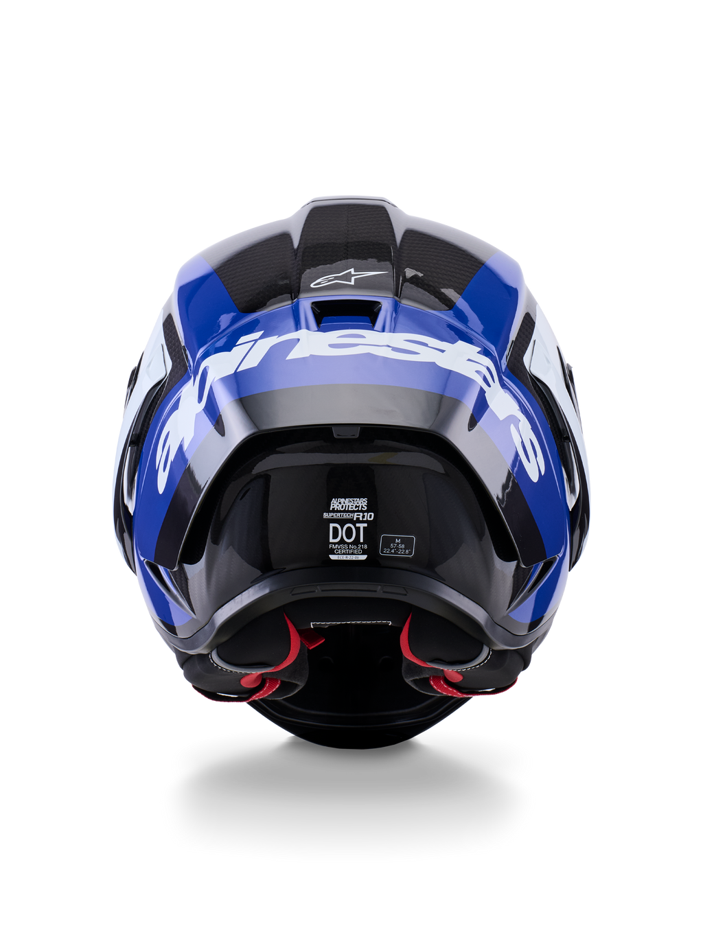 Capacete Alpinestars Supertech R10 Arius, vista traseira, preto, branco e azul brilhante, construção em fibra de carbono com logótipo branco em destaque, forma aerodinâmica, etiqueta de certificação DOT, acolchoamento interior vermelho