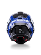 Capacete Alpinestars Supertech R10 Arius, vista traseira, preto, branco e azul brilhante, construção em fibra de carbono com logótipo branco em destaque, forma aerodinâmica, etiqueta de certificação DOT, acolchoamento interior vermelho