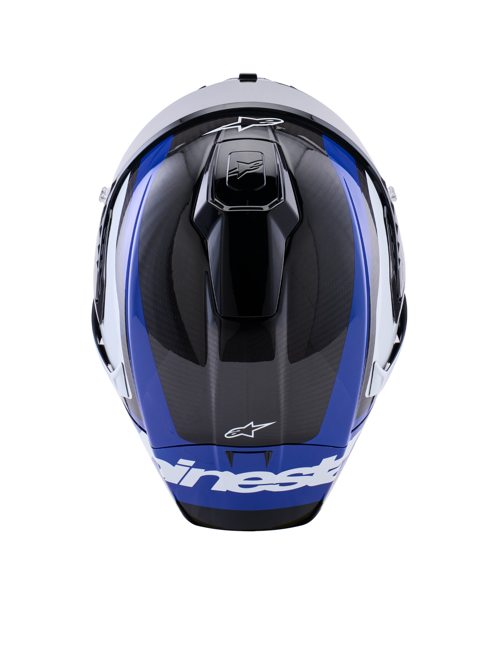Capacete Alpinestars Supertech R10 Arius, capacete integral de corrida para motociclismo, preto, branco e azul brilhante, vista superior realçando a trama da fibra de carbono, aberturas aerodinâmicas e logótipo Alpinestars em branco