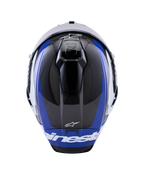 Capacete Alpinestars Supertech R10 Arius, capacete integral de corrida para motociclismo, preto, branco e azul brilhante, vista superior realçando a trama da fibra de carbono, aberturas aerodinâmicas e logótipo Alpinestars em branco