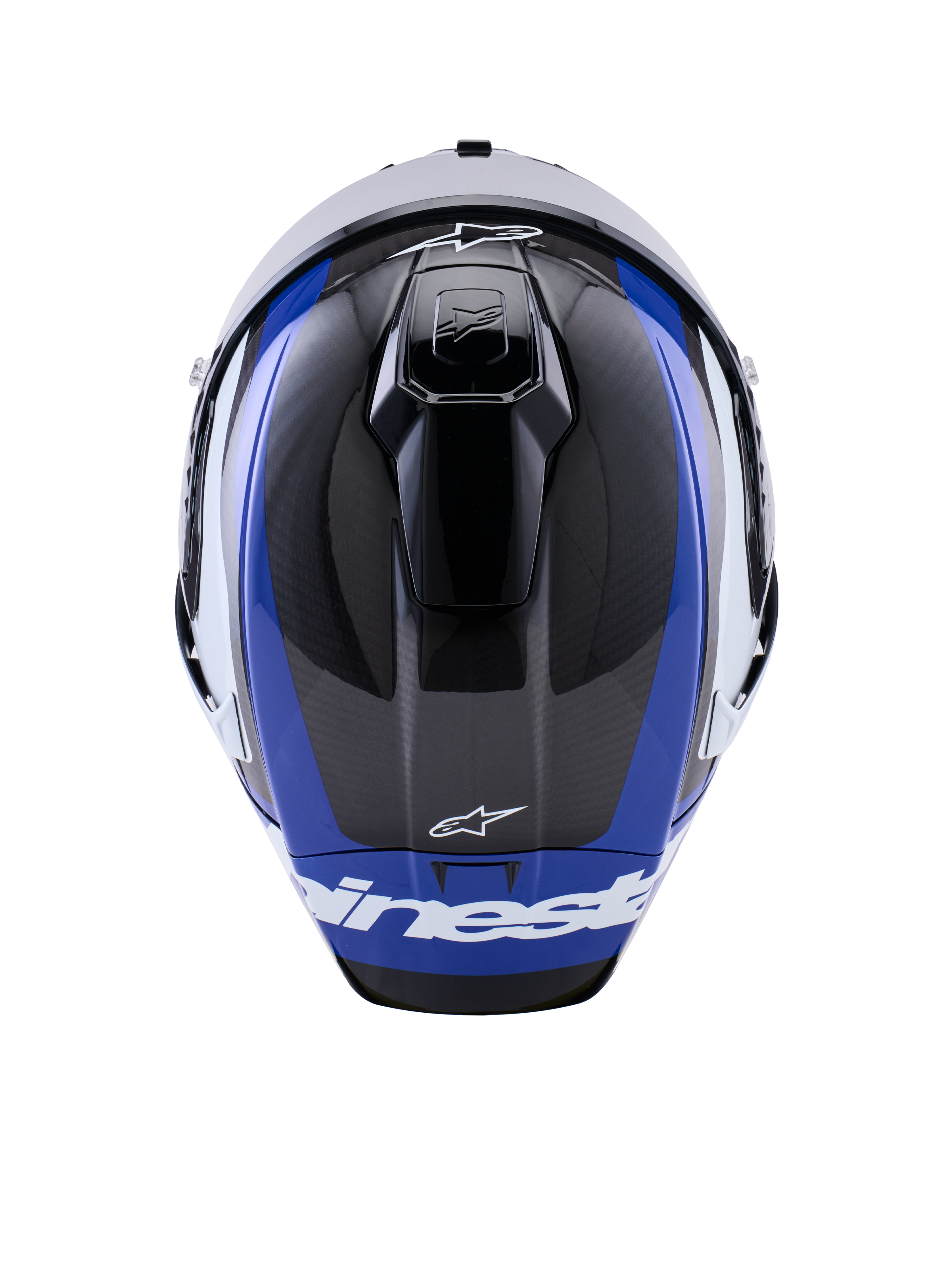 Capacete Alpinestars Supertech R10 Arius, capacete integral de corrida para motociclismo, preto, branco e azul brilhante, vista superior realçando a trama da fibra de carbono, aberturas aerodinâmicas e logótipo Alpinestars em branco