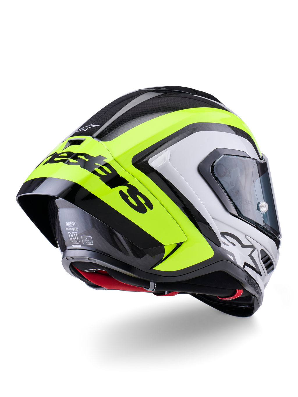 Capacete Alpinestars Supertech R10 Arius, vista traseira, preto, prateado e amarelo néon brilhante, construção da calota em fibra de carbono, spoiler aerodinâmico grande com texto Alpinestars em preto, proteção de nível de competição com design elegante
