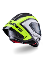 Capacete Alpinestars Supertech R10 Arius, vista traseira, preto, prateado e amarelo néon brilhante, construção da calota em fibra de carbono, spoiler aerodinâmico grande com texto Alpinestars em preto, proteção de nível de competição com design elegante