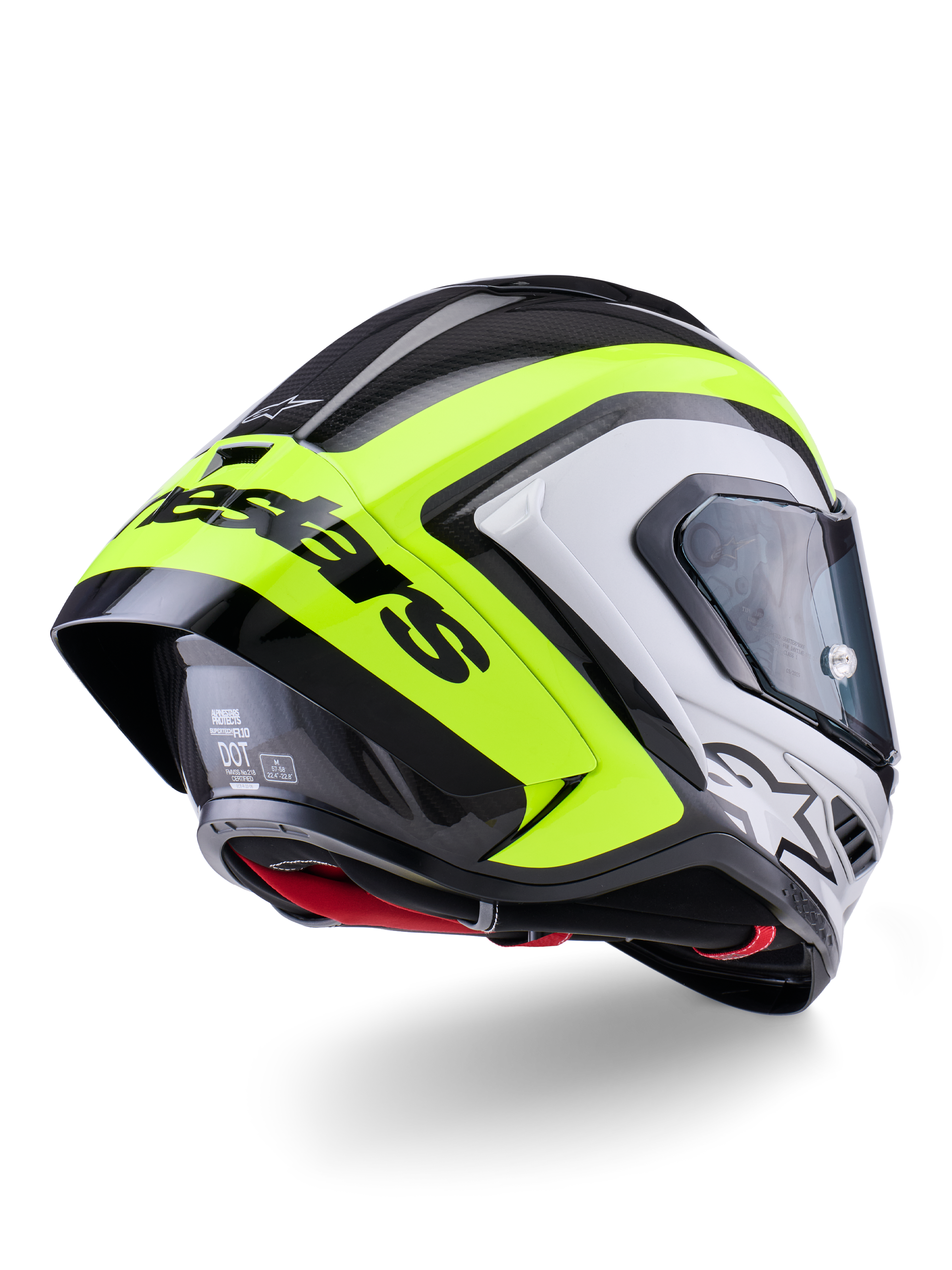 Capacete Alpinestars Supertech R10 Arius, vista traseira, preto, prateado e amarelo néon brilhante, construção da calota em fibra de carbono, spoiler aerodinâmico grande com texto Alpinestars em preto, proteção de nível de competição com design elegante