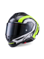 Capacete Alpinestars Supertech R10 Arius, capacete de motociclismo de corrida profissional, Carbono Preto Brilhante com detalhes em prateado e amarelo fluorescente, com viseira fumada escura, winglets aerodinâmicos e logótipo Alpinestars em destaque