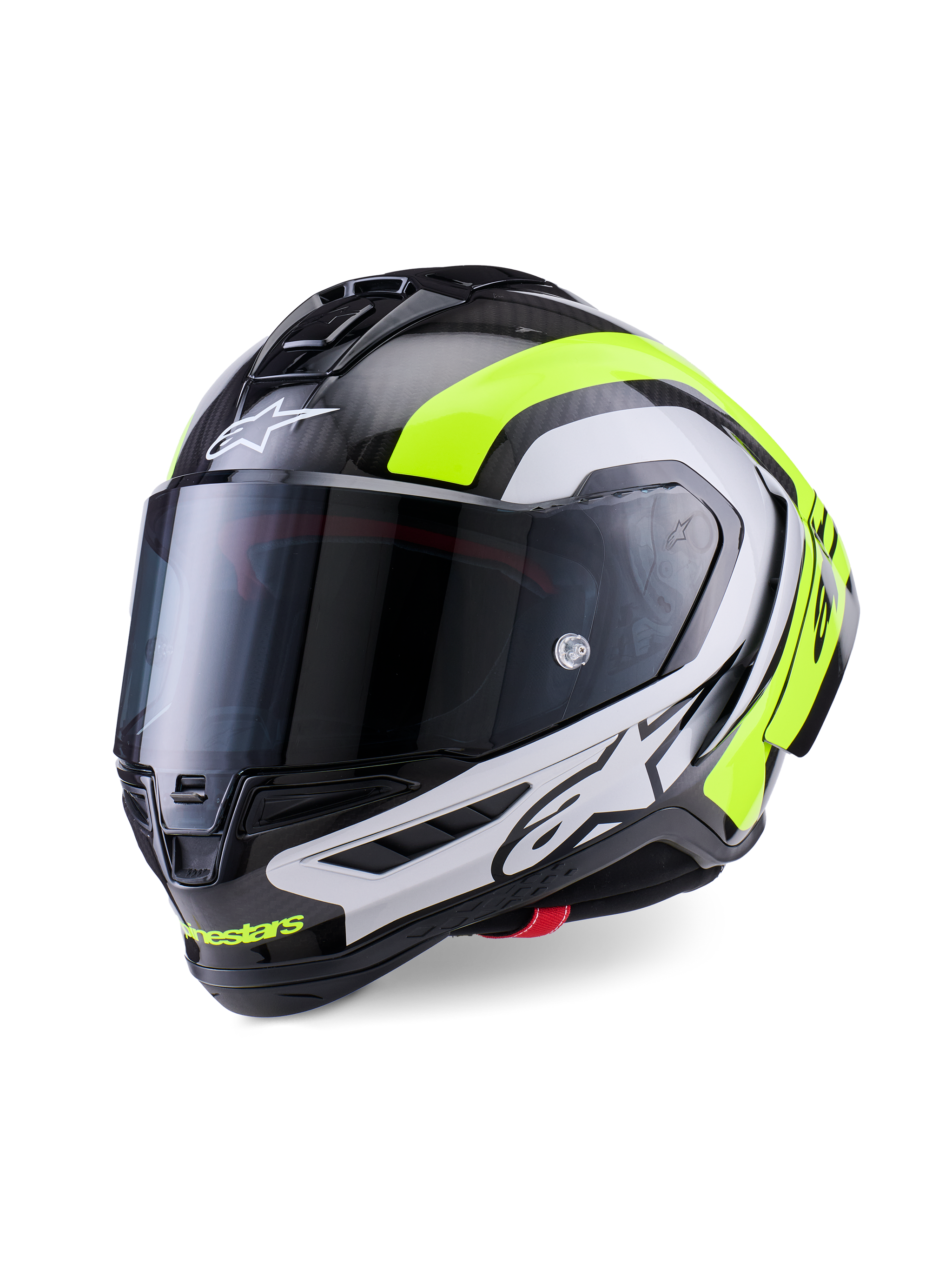 Alpinestars Supertech R10 Arius Helmet, professional racing motorcycle helmet, Glossy Black Carbon with Silver and Fluorescent Yellow accents, featuring a dark smoke visor, aerodynamic winglets, and bold Alpinestars branding