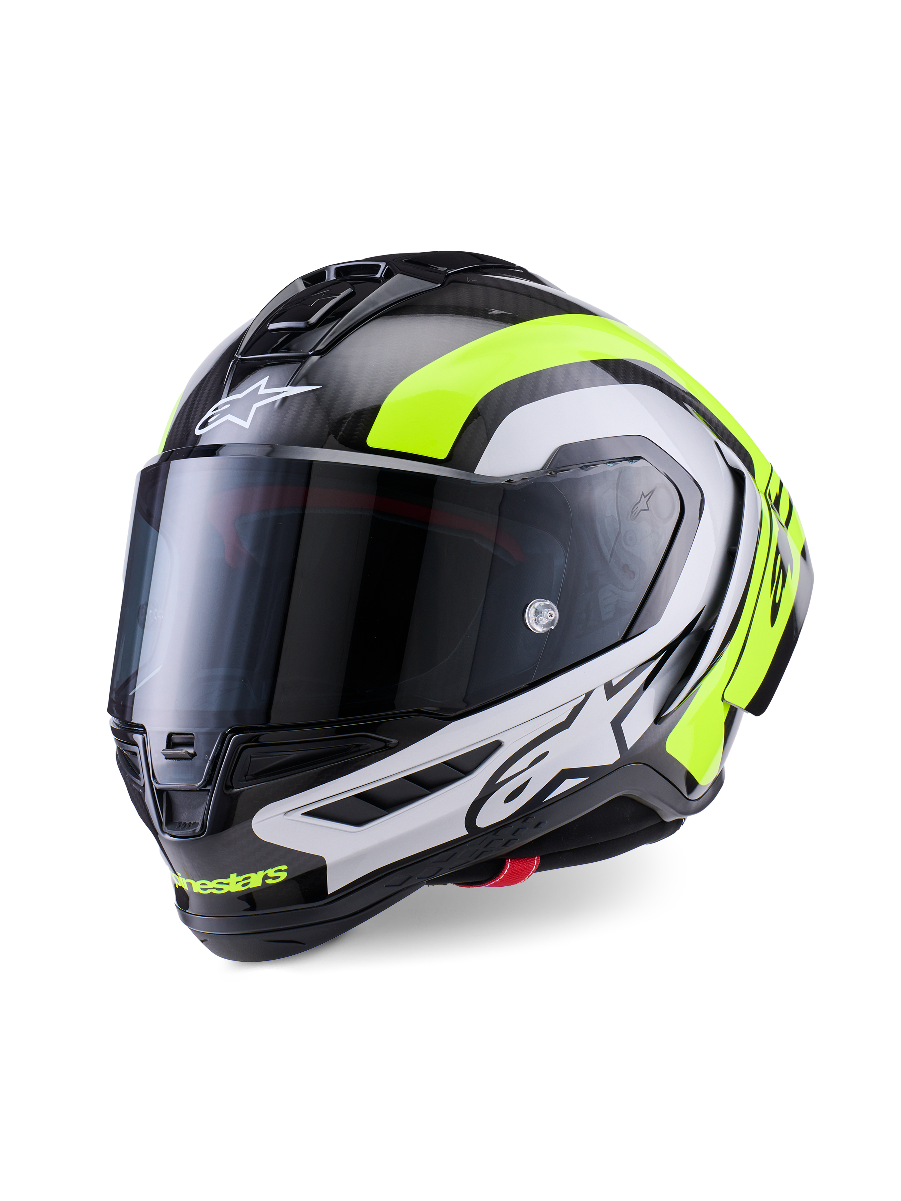 Capacete Alpinestars Supertech R10 Arius, capacete de motociclismo de corrida profissional, Carbono Preto Brilhante com detalhes em prateado e amarelo fluorescente, com viseira fumada escura, winglets aerodinâmicos e logótipo Alpinestars em destaque
