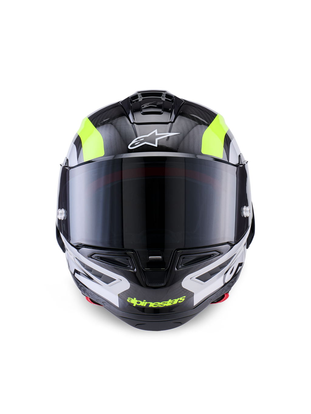 Capacete Alpinestars Supertech R10 Arius, capacete de motociclismo de competição, preto, prateado e amarelo fluorescente brilhante, vista frontal com calota em fibra de carbono, viseira fumada escura e sistema de ventilação integrado